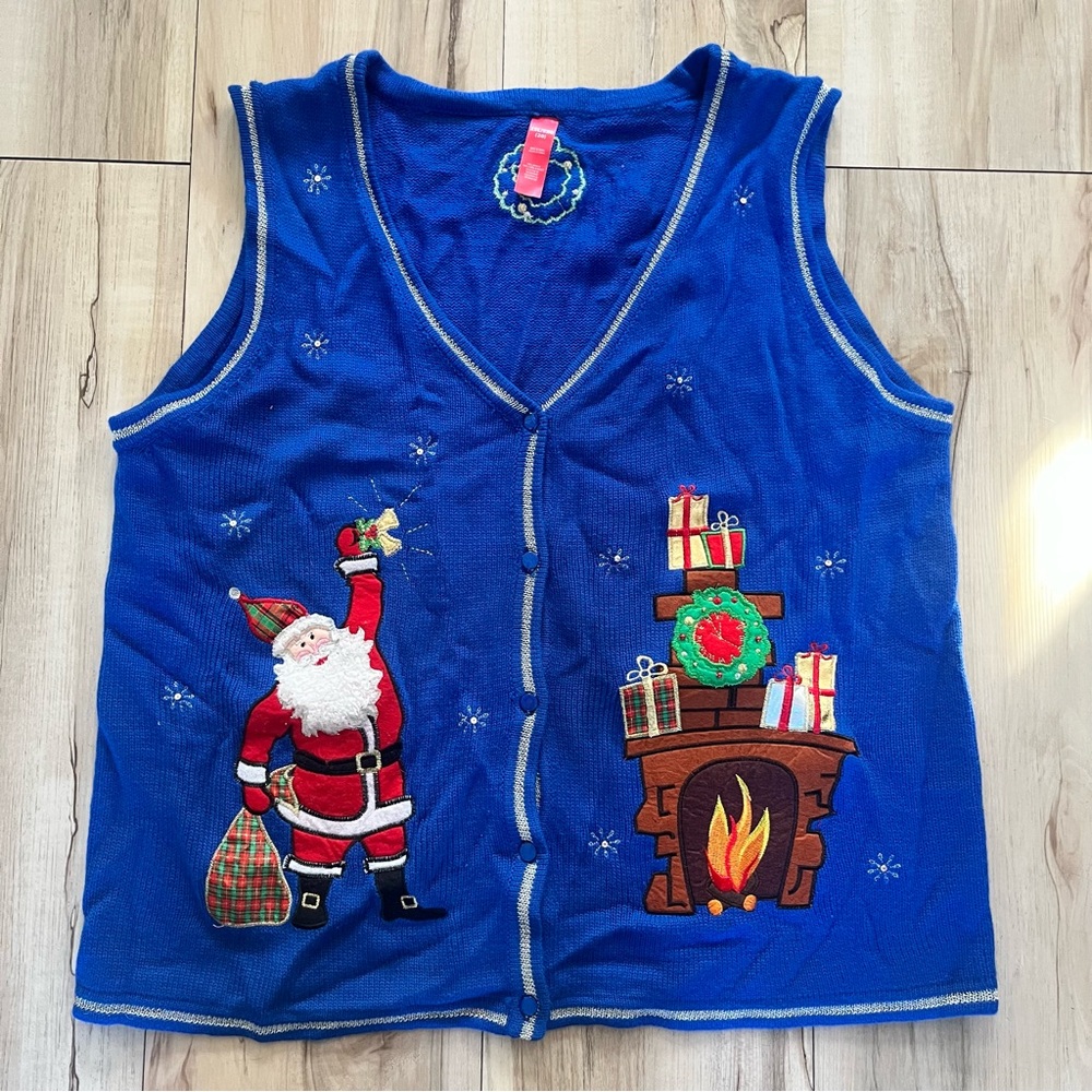 Ugly Christmas sweater vest, blue embroidered button down XXL